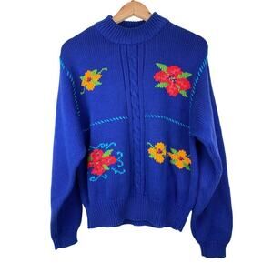 Vintage 90's Liz Sport Women's M Royal Blue Floral Cottagecore Sweater